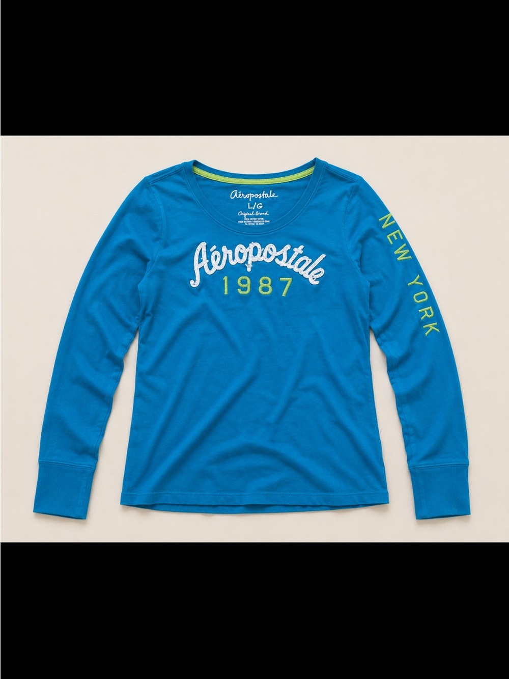 Aeropostale 1987 Long Sleeve Graphic Tee Blue Neon Logo Top Large